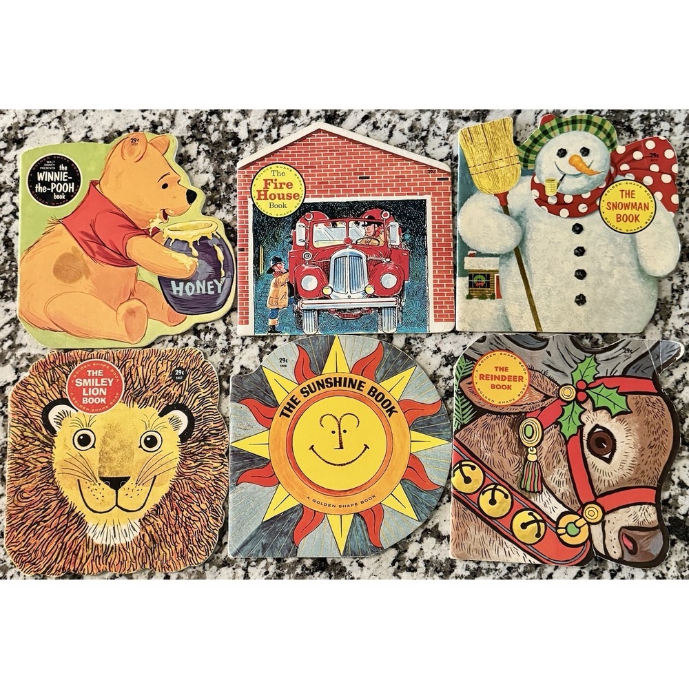 Vintage Golden Shape Book Lot 6 Pooh Snowman Reindeer Fire House Lion Sunshine